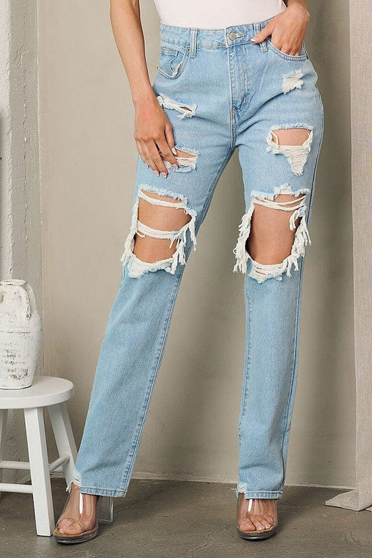 Button closure distressed denim jeans pants (EFWT2298)