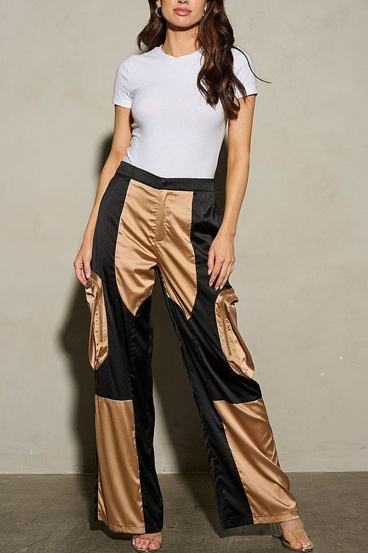 Button closure colorblock pockets wide leg pants (EFWT9766)