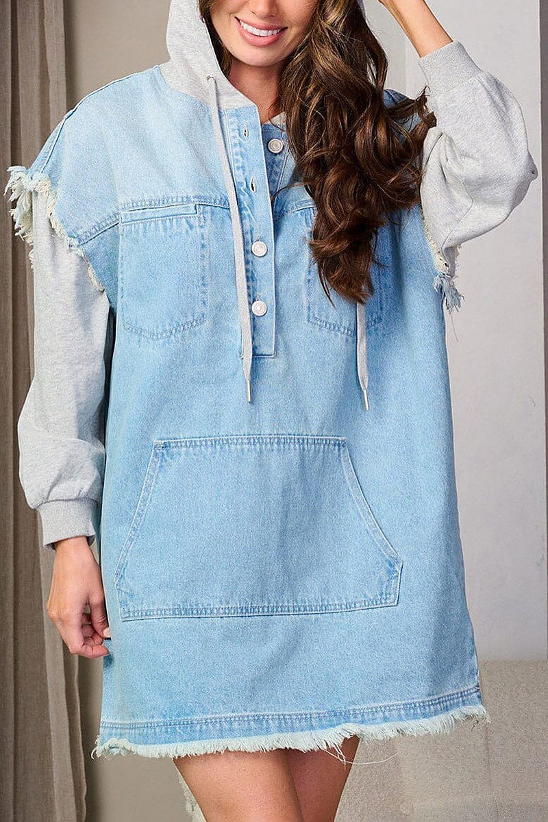 Long sleeve front pockets hooded denim mini dress (EFWT8154)