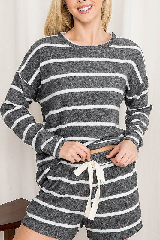 Stripe long sleeve top and shorts set with self tie (EF2889)