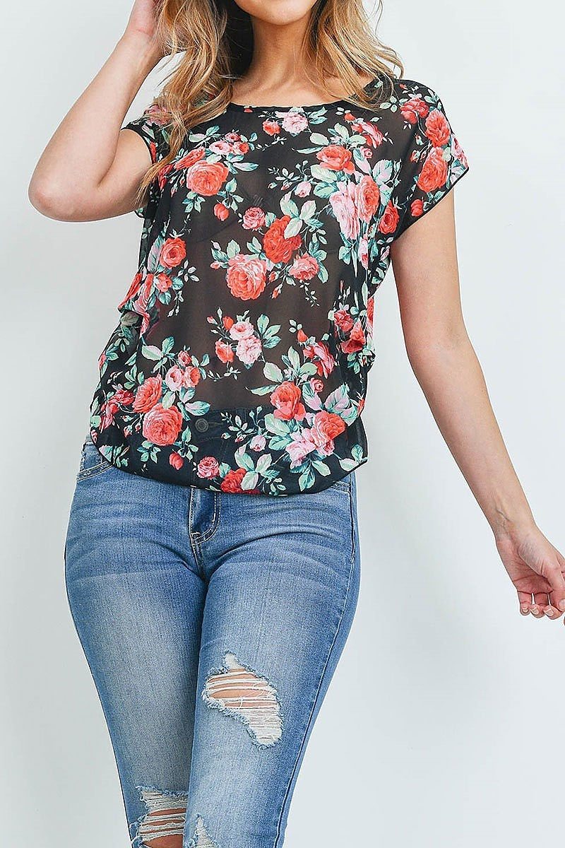 Short sleeve floral print round neck chiffon blouse top (ED8896-1)