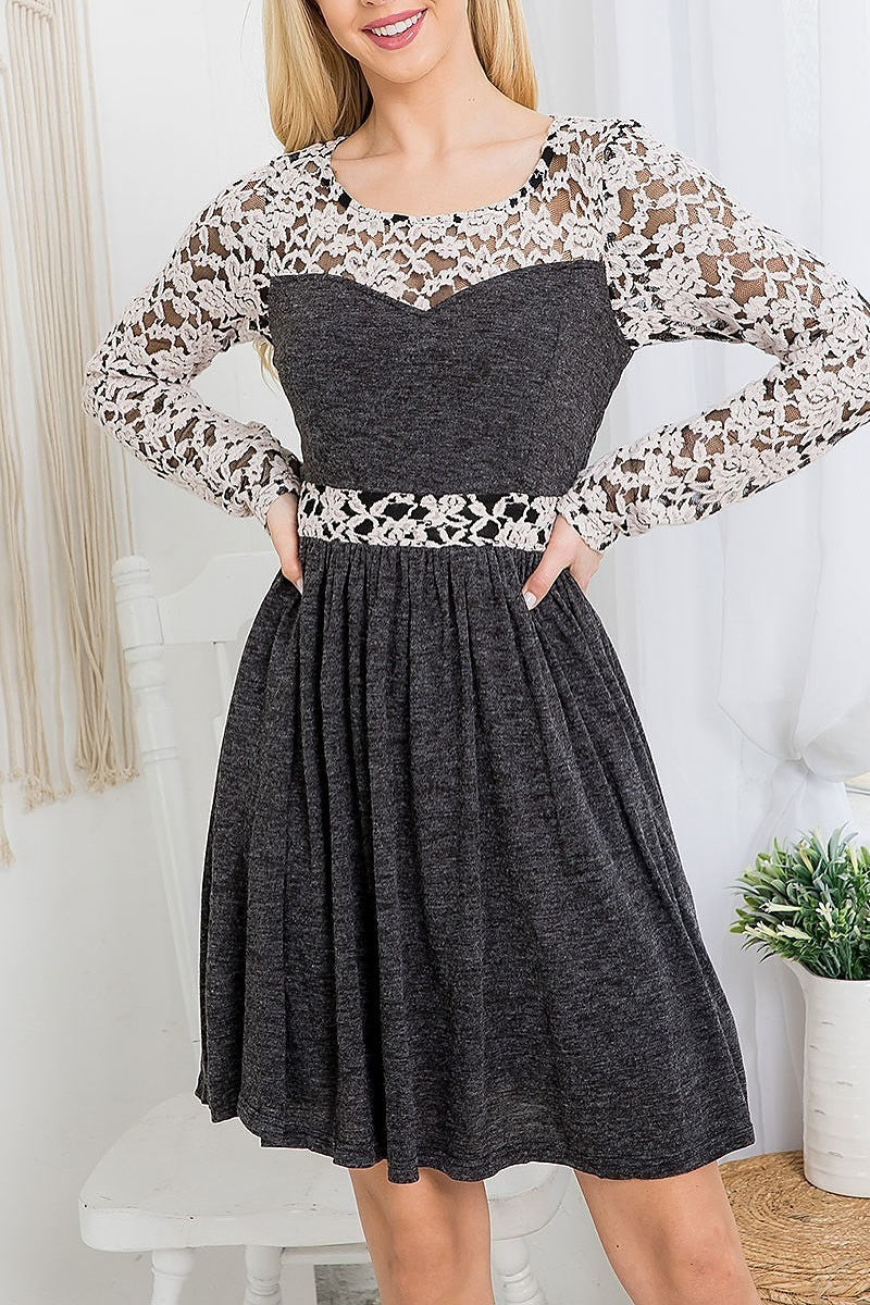 Round neck lace long sleeves high waist dress (DED7237)