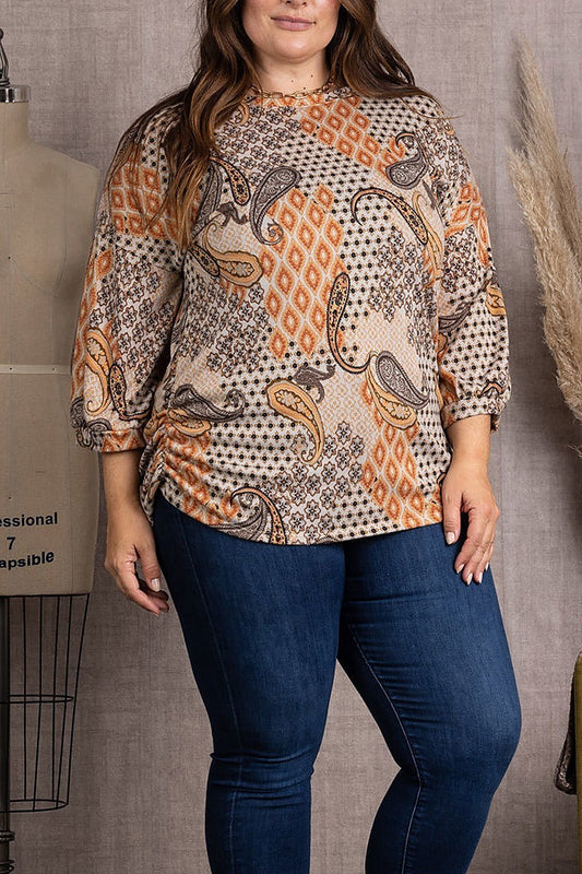 Paisley print dolman long sleeves plus size top (EDSW3689)