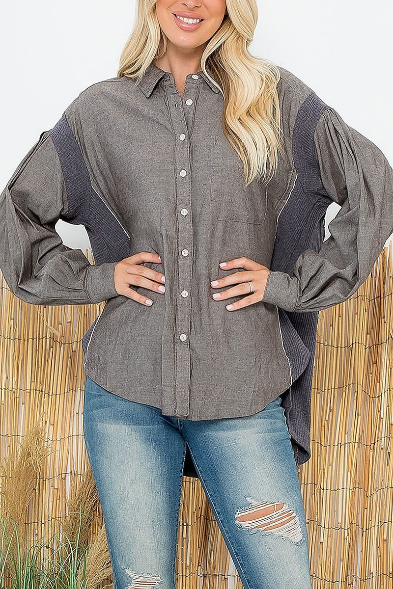 Rib contrast button down top (EF6092)