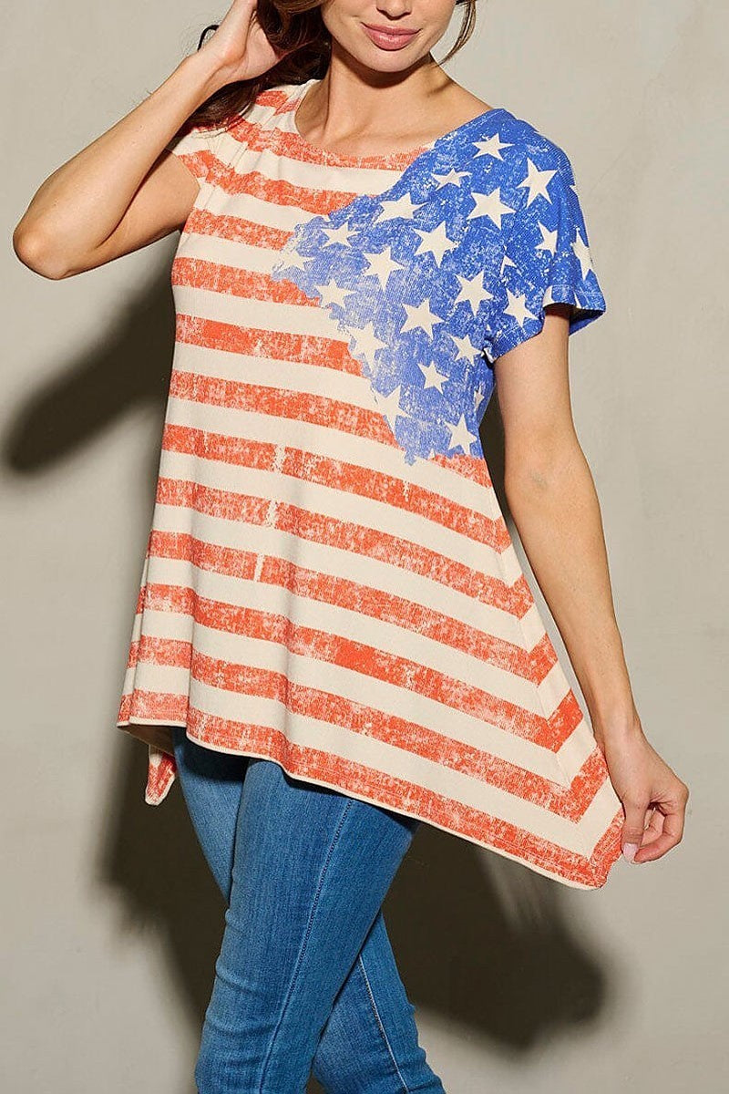 Short sleeve tunic american flag print top (EFWT9752)