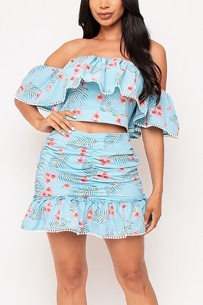 Floral print off shoulder top and skirt set (EDVC2462)