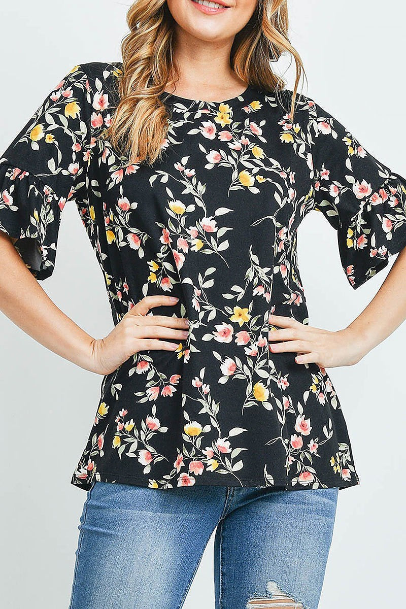 Bell sleeves round neck floral top (ED9699)