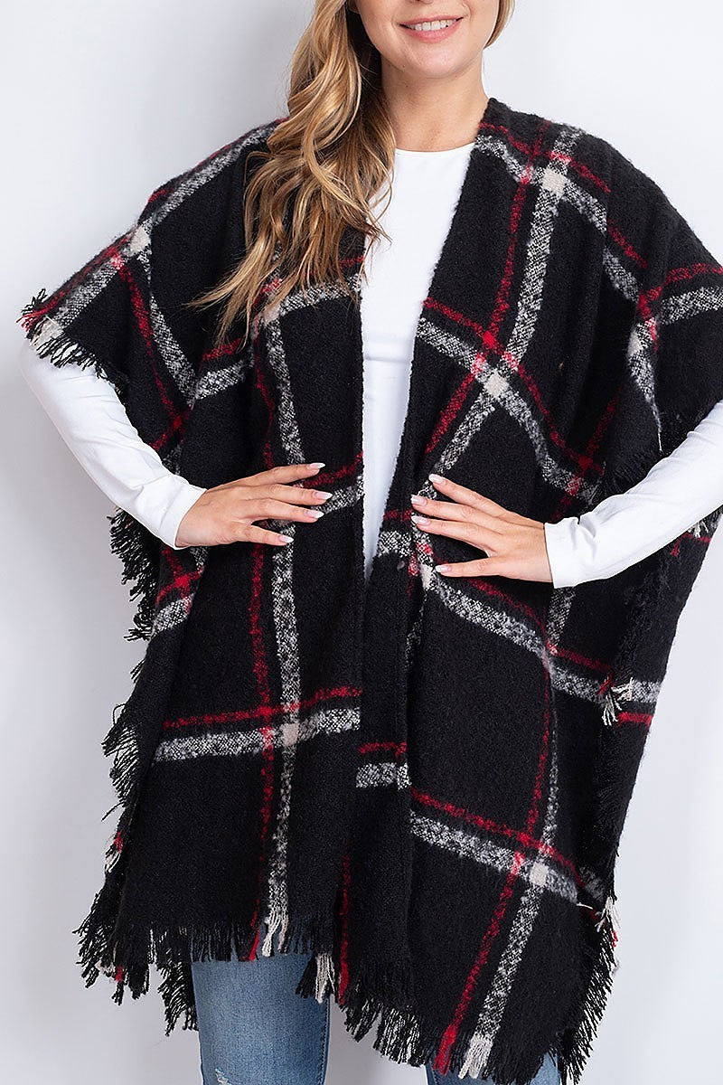 Plaid open front fringe kimono (DGS5408)