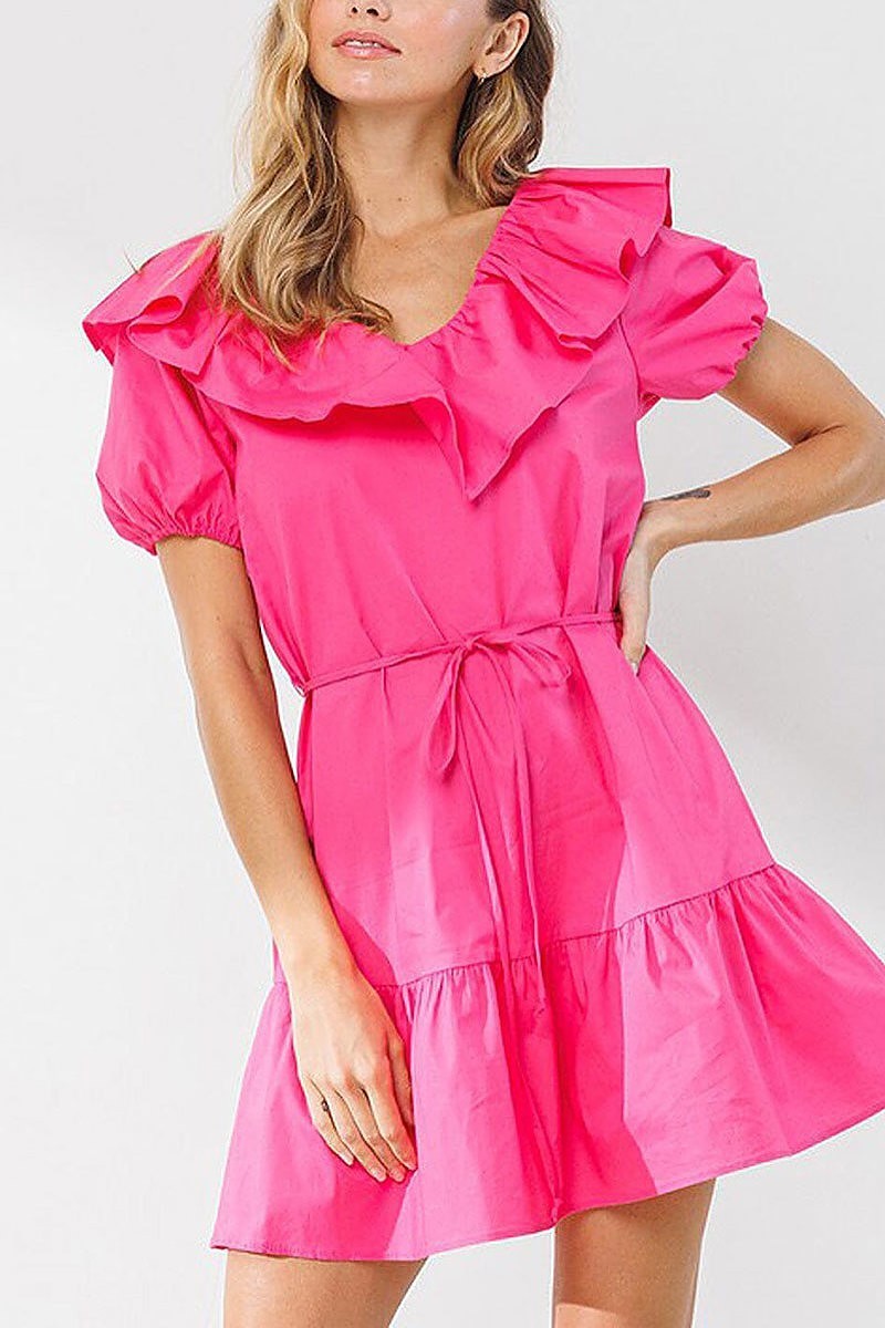 Short puff sleeve ruffle tiered mini dress (EDWT8712)