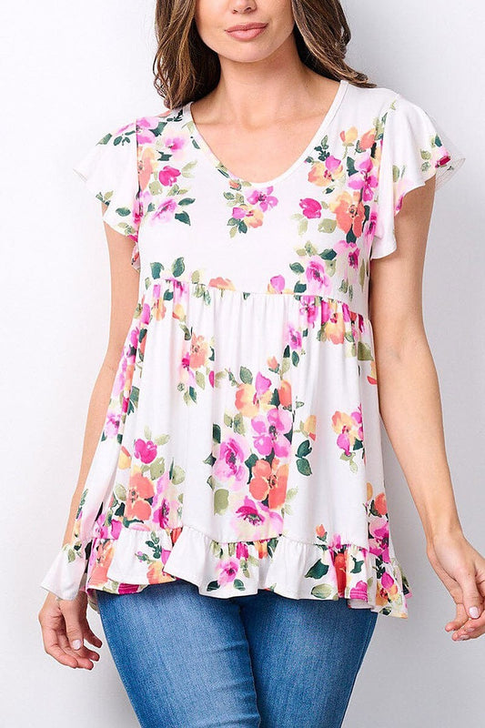 Short sleeve v-neck floral print ruffle top (EFWT7520)