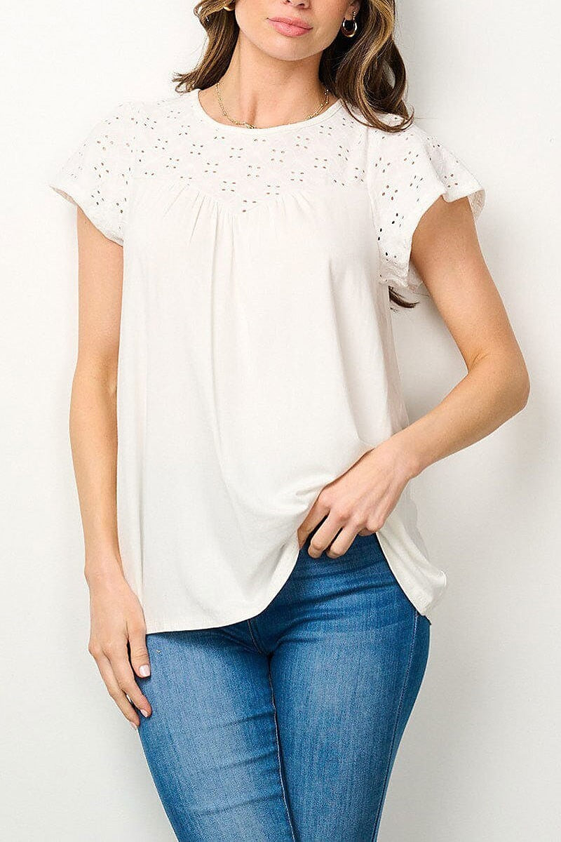 Short sleeve eyelet blouse top (EFWT7057)