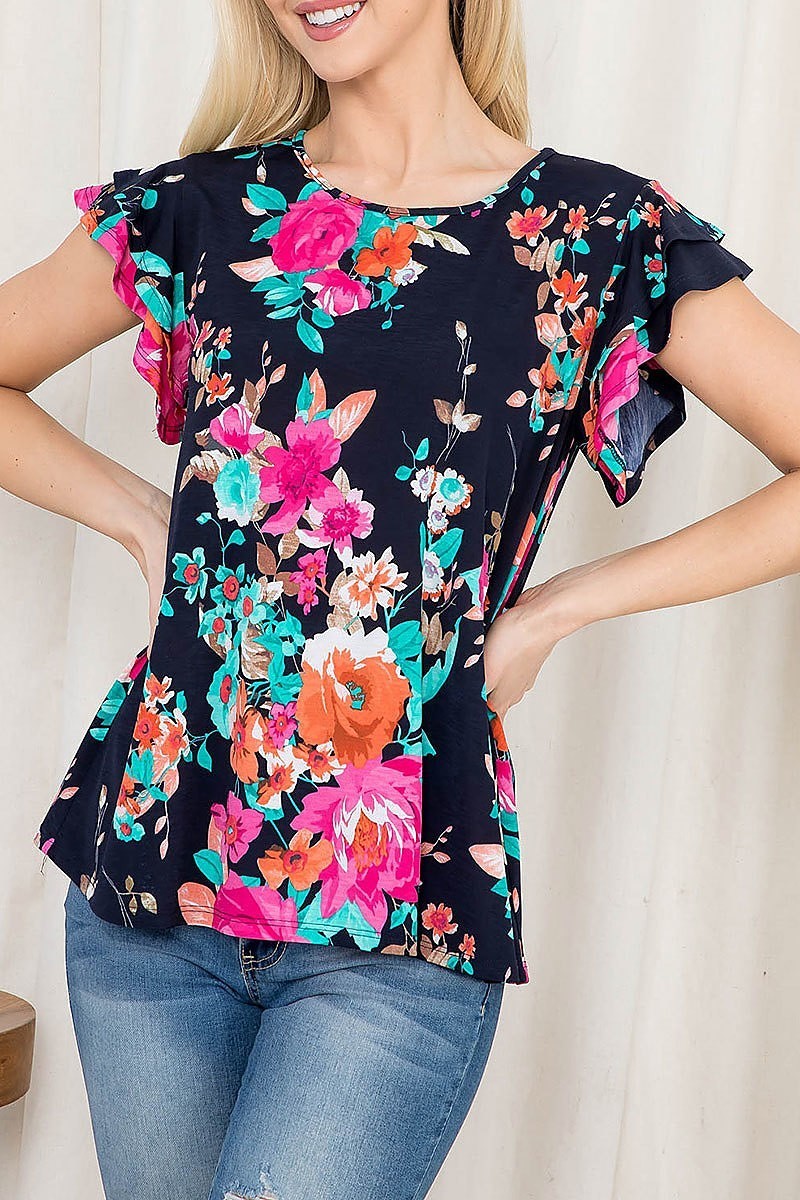 Ruffle sleeve round neck floral top (EF3034)