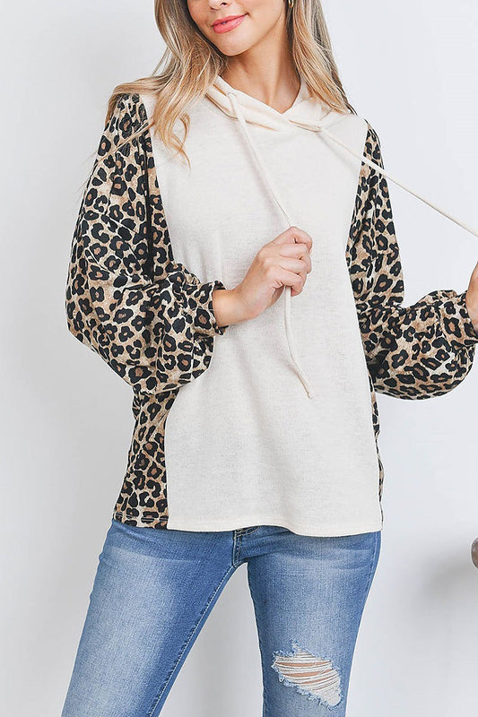 Leopard sleeve side contrast hoddie with self tie (EF2887)