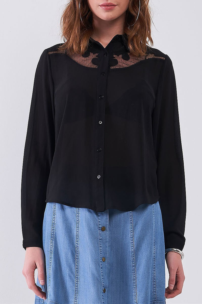 Embroidered sheer mesh detail button front shirt (TDG8254)