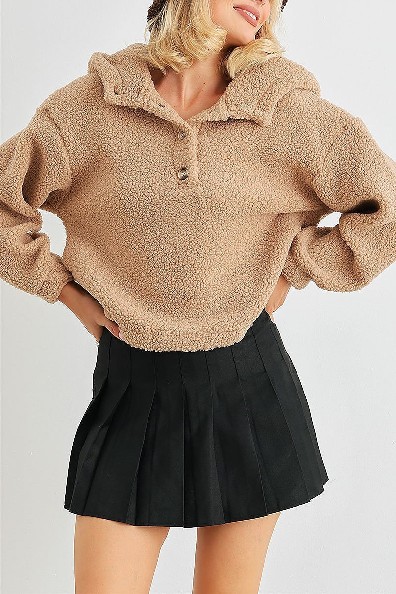 Teddy knit button up pocket hodded sweater (TED2054)