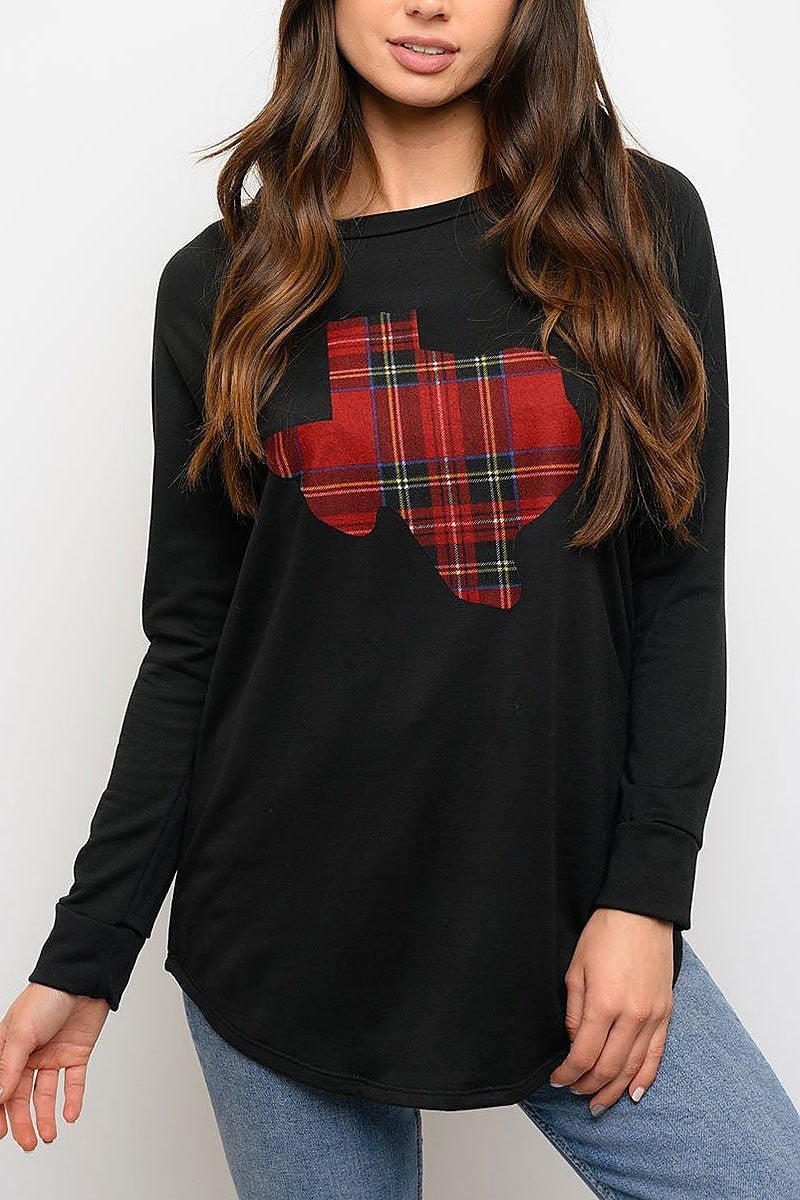 Texas plaid detail terry round neck top (EDWT3332)