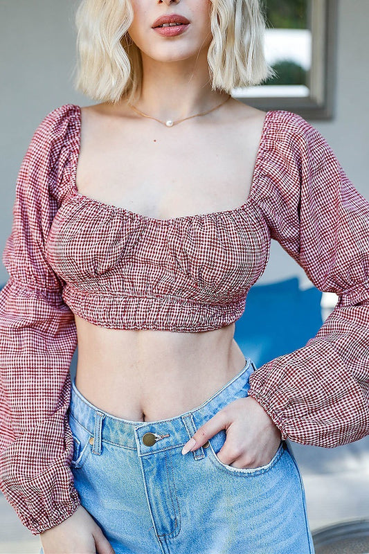 Cotton gingham puff long sleeve crop top (TDG9125)