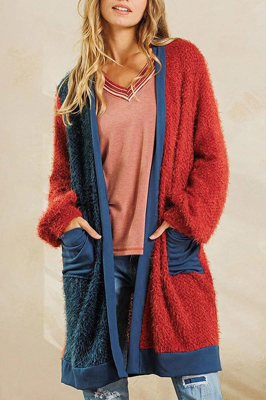 Long sleeve pockets colorblock cardigan (EDWT8613)