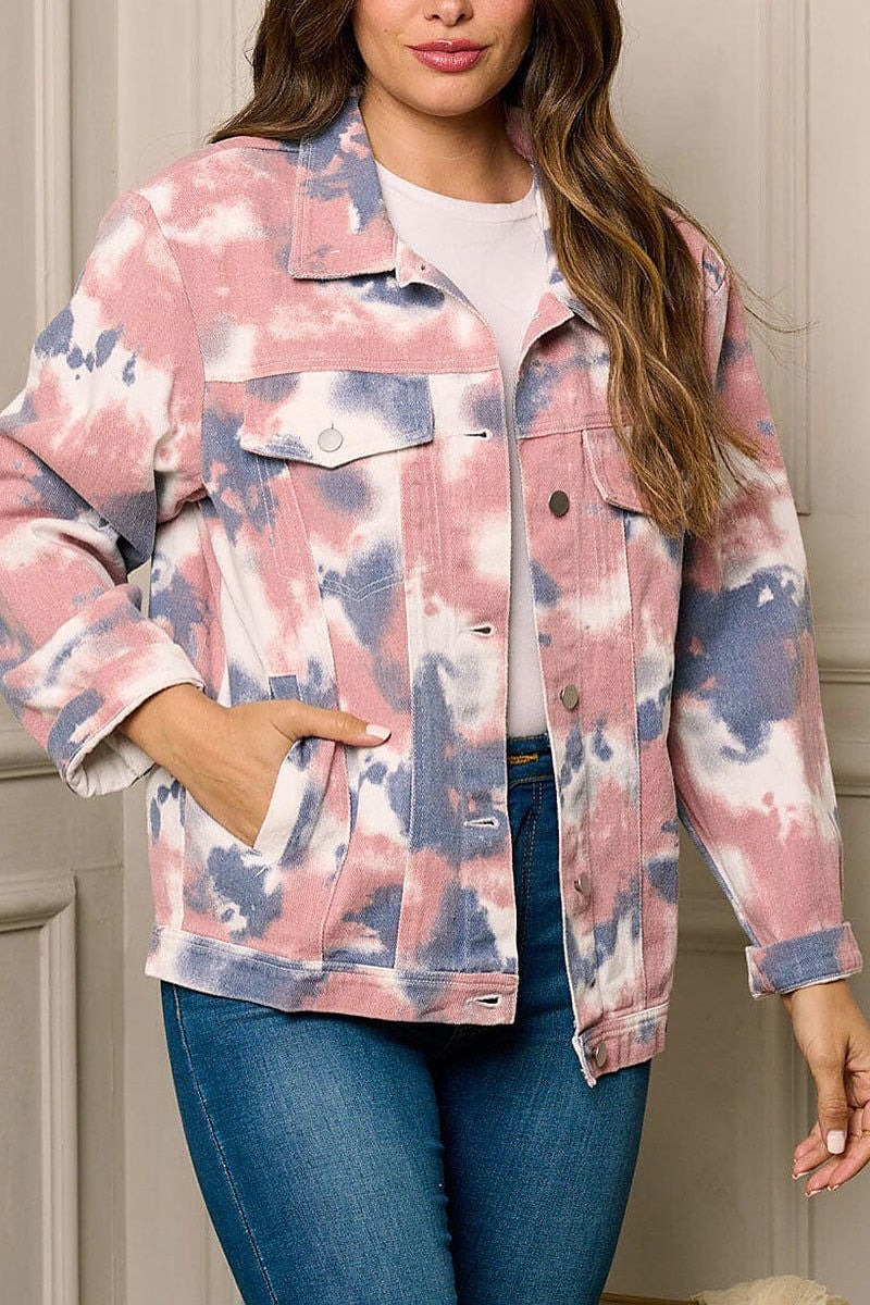 Long sleeve button up tie dye denim jacket (EFWT5765)