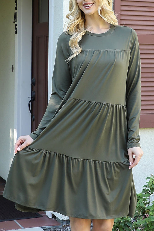 Solid long sleeve shirring tiered detailed dress (DED9802-1)