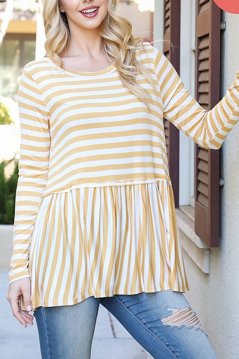 Stripe reverse cover stitched shirring hem top (EF7035)