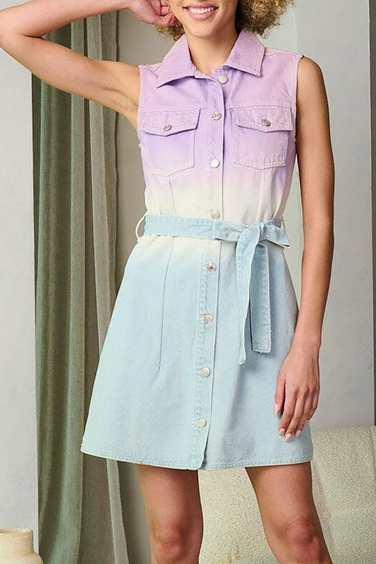 Sleeveless button up colorblock denim mini dress (EFWT9310-1)