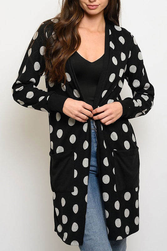 Long sleeve polka dots pockets cardigan (EDWT3725)