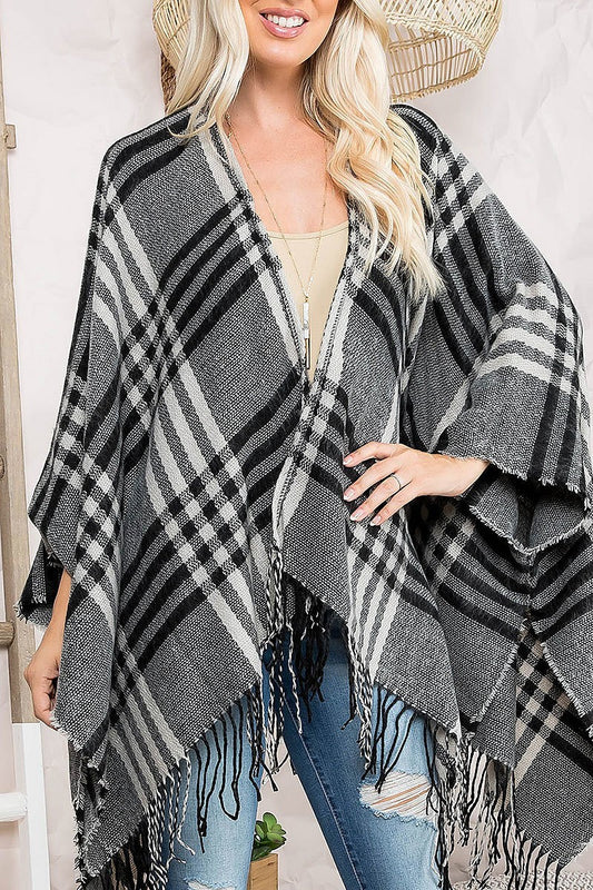 Plaid open front fringe ruana kimono (DGS5471-1)