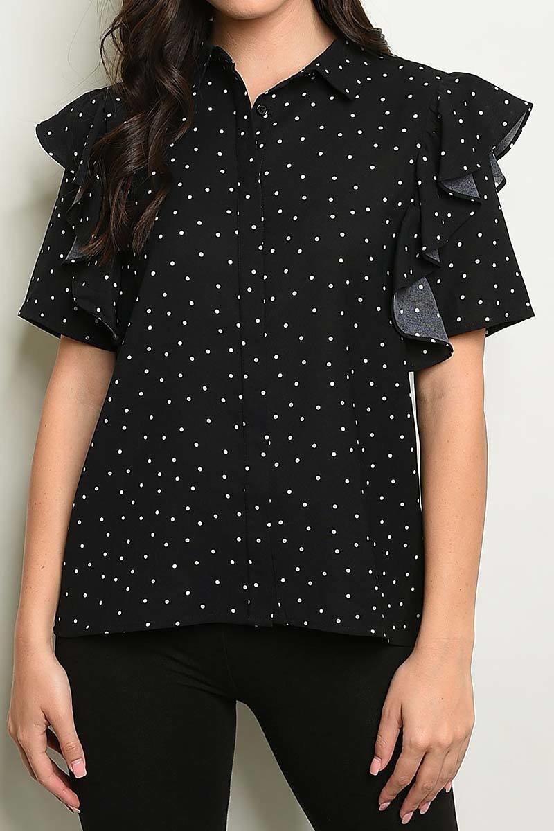 Ruffle shoulder detail polka dot print top (ED2521-1)