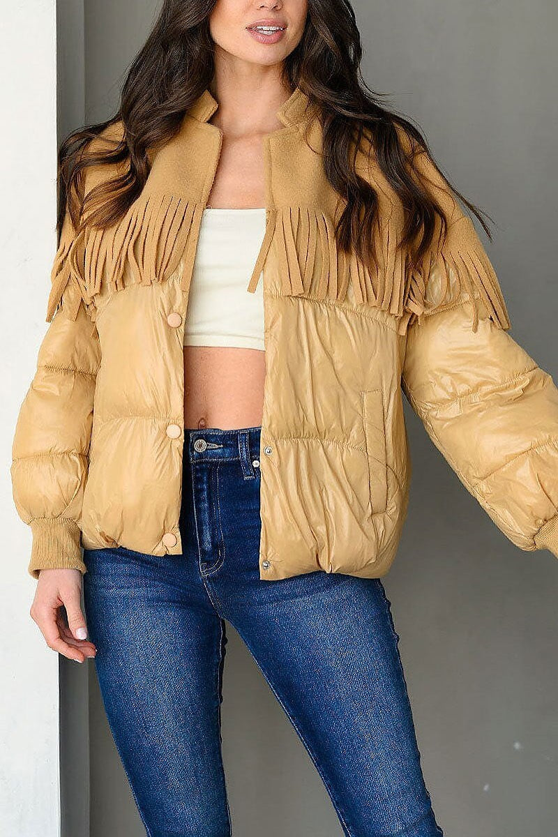 Long sleeve button up fringe puffer jacket (EDWT9442)