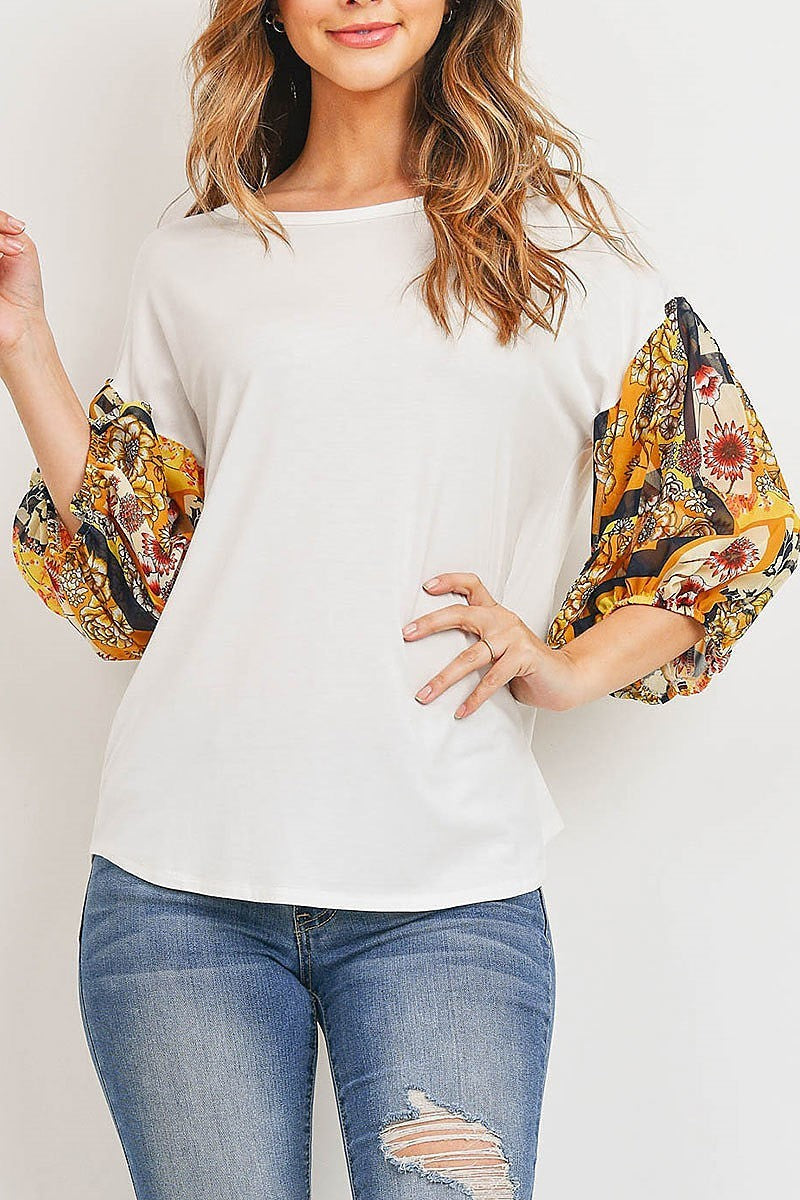 Floral print bubble sleeve color block top (ED8926)