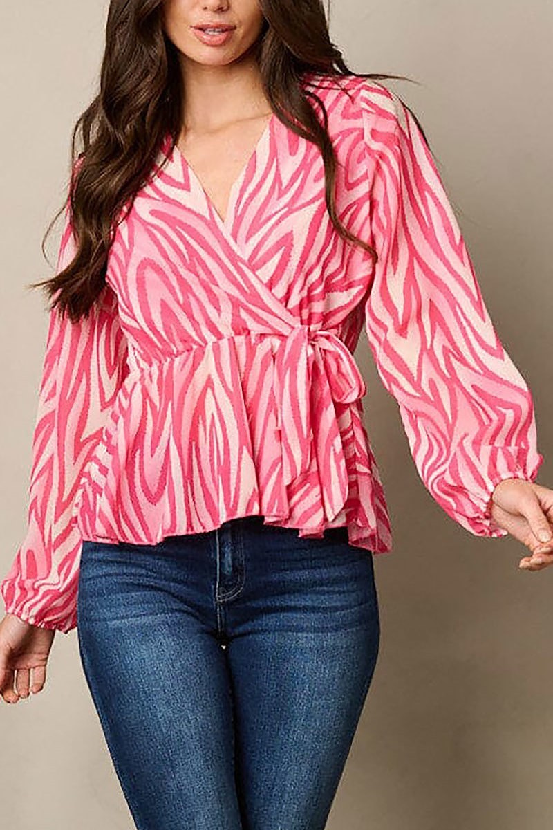 Long sleeve surplice self tie printed blouse top (EFWT1837)