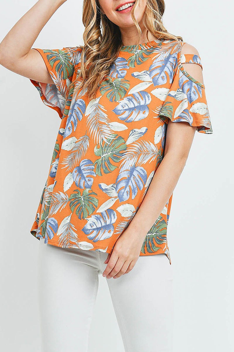 Tropical print cutout sleeve top (ED9260)