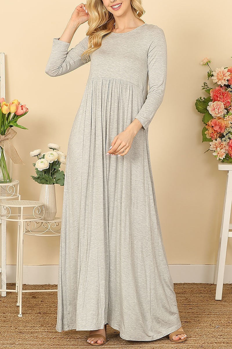 Quarter sleeve pleated waist solid maxi dress (DED9442)