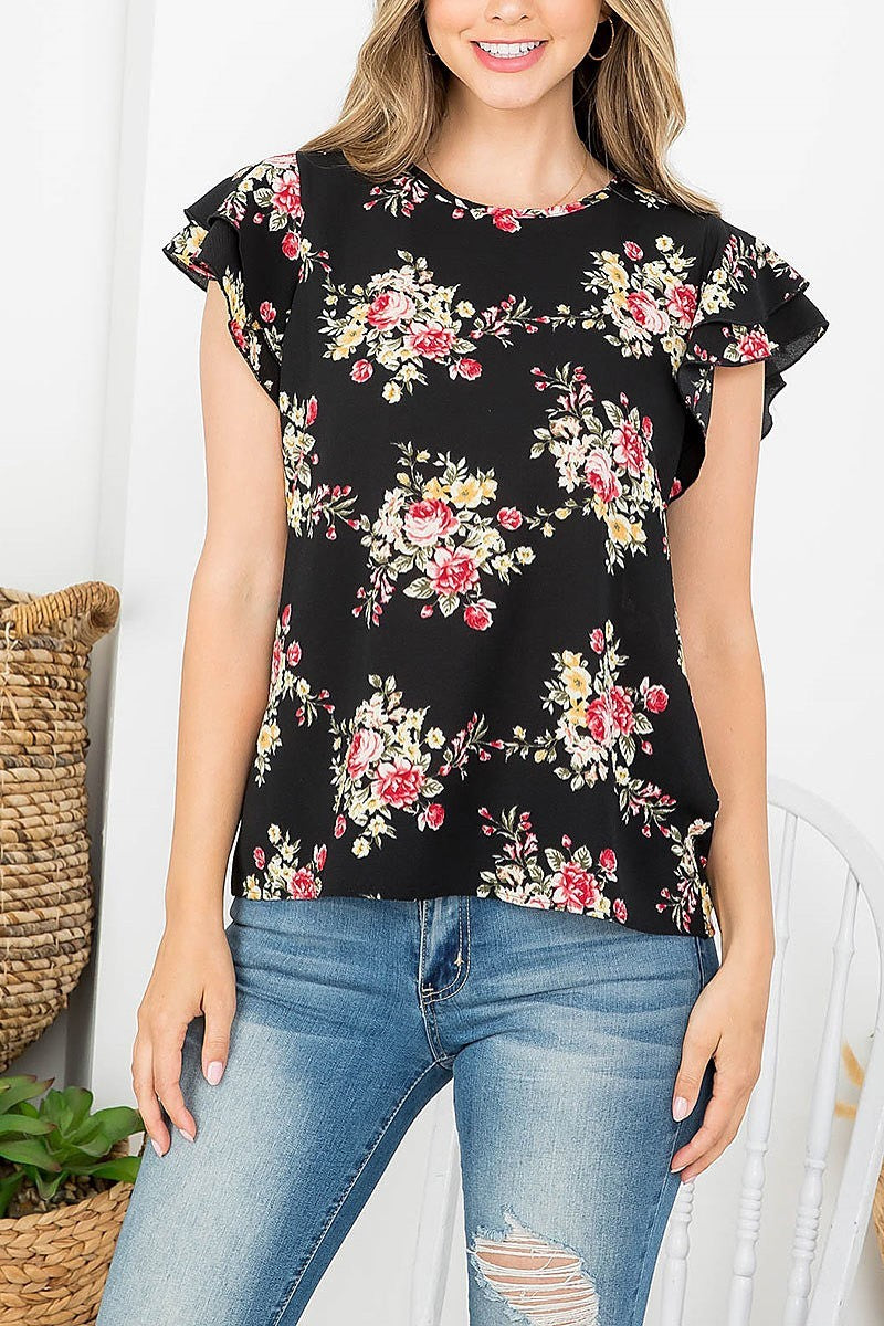 Floral ruffle sleeve round neck blouse (EF4375)