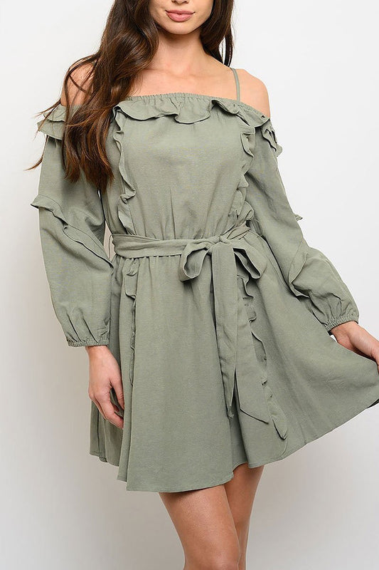 Long sleeve off shoulder self tie mini dress (EDWT3688)