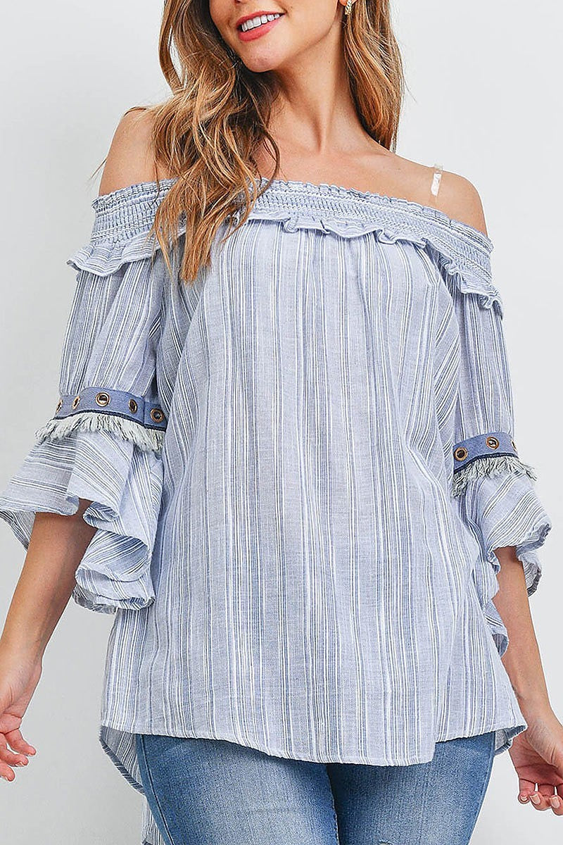 Off shoulder fringe detail bell sleeve stripe top (EF1214)