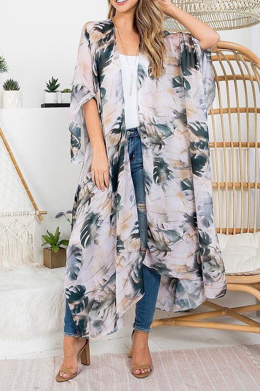 Leaf print bohemiian open front long kimono (EF4178)