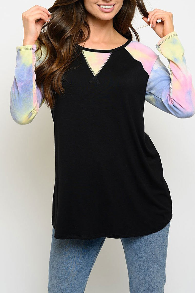 Tie dye long sleeve color block top (EDWT3051)