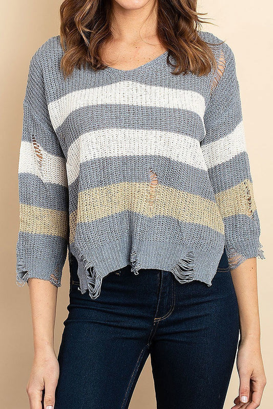 Stripe distressed detail sweater (DGS4968)