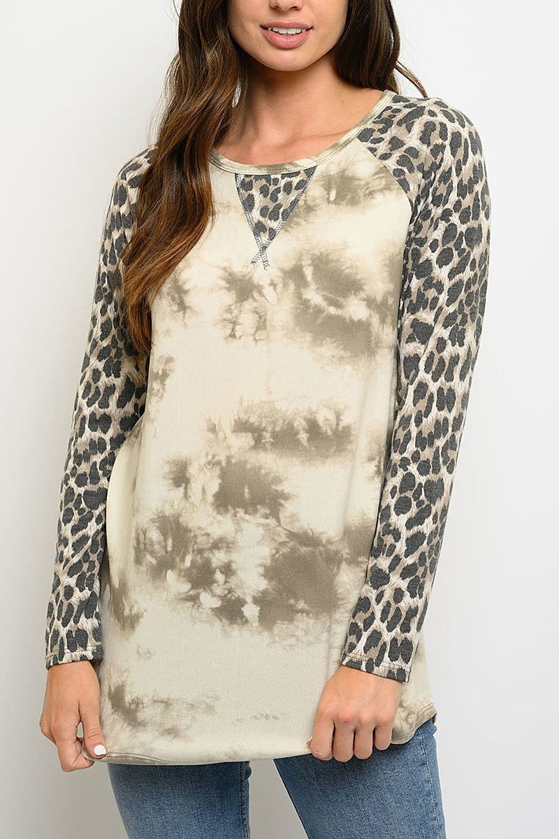 Long sleeve animal print tie dye contrast top (EDWT3430)