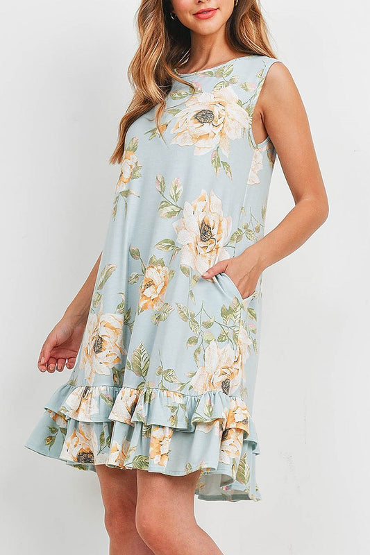 Floral print sleeveless ruffle hem pocket dress (DED6392)