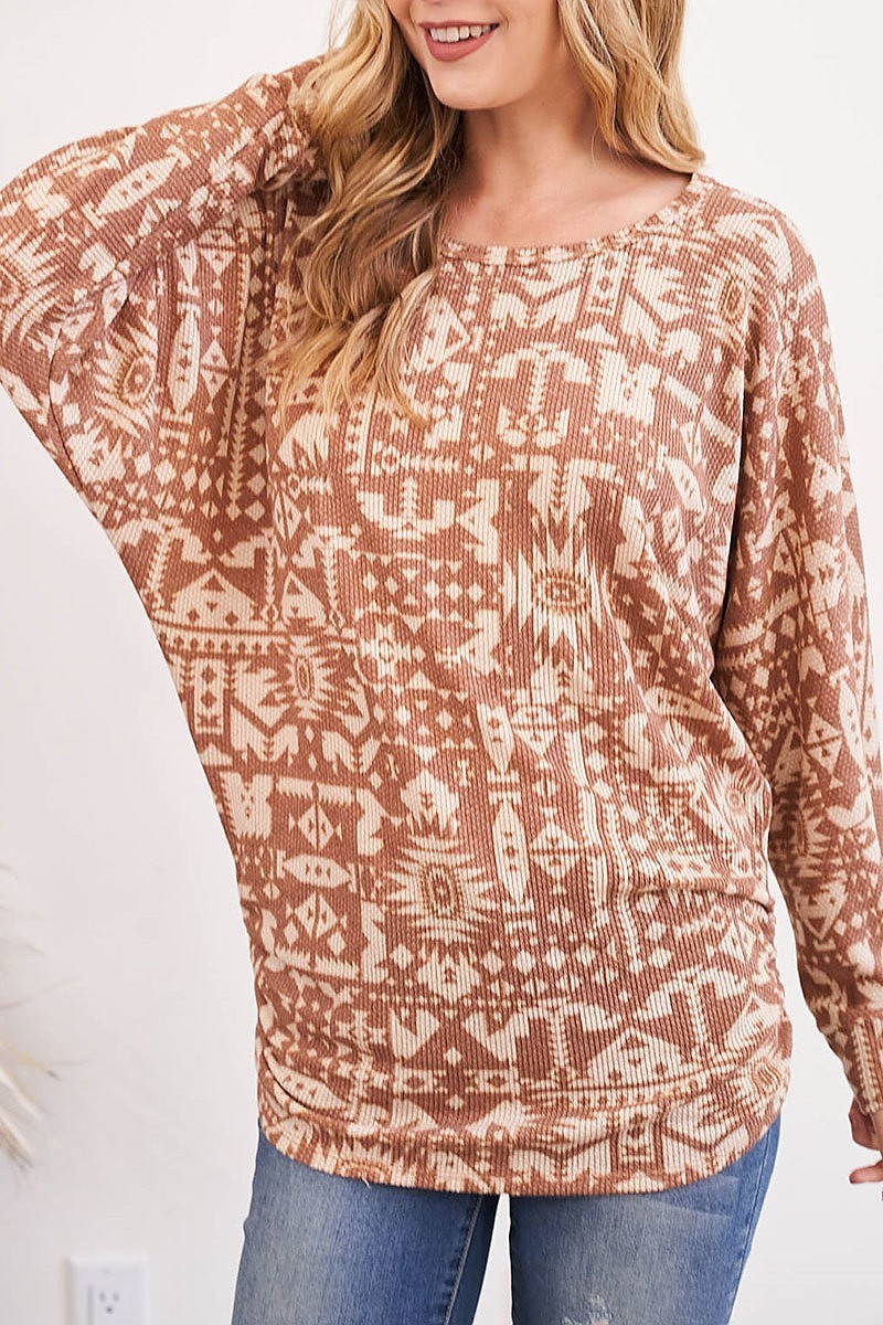 Scoop neck aztec print long sleeve top (EF2775)