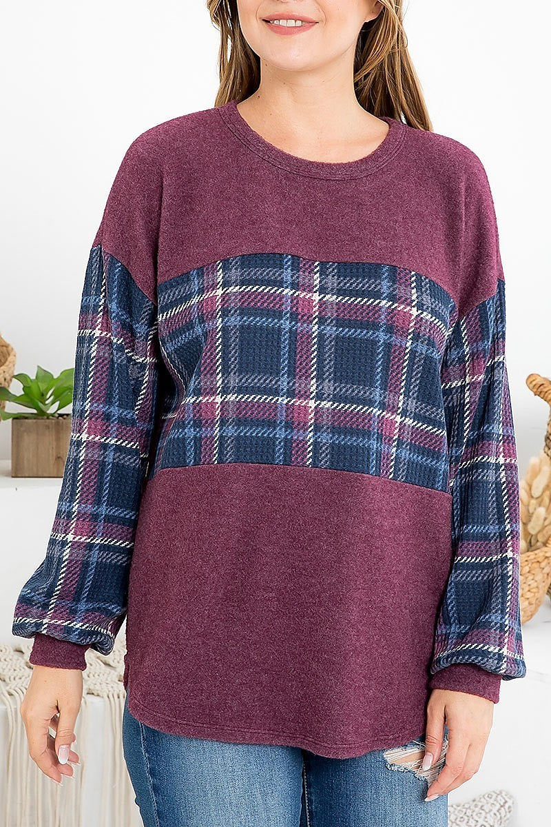 Plaid waffle contrast cashmere long sleeve top (EF2755)