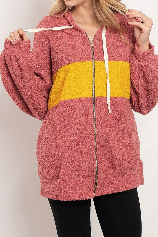 Color block zipper front hoodie sherpa sweater (DGS4898)