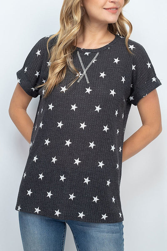 Knit rolled sleeve star print top (EF1862)