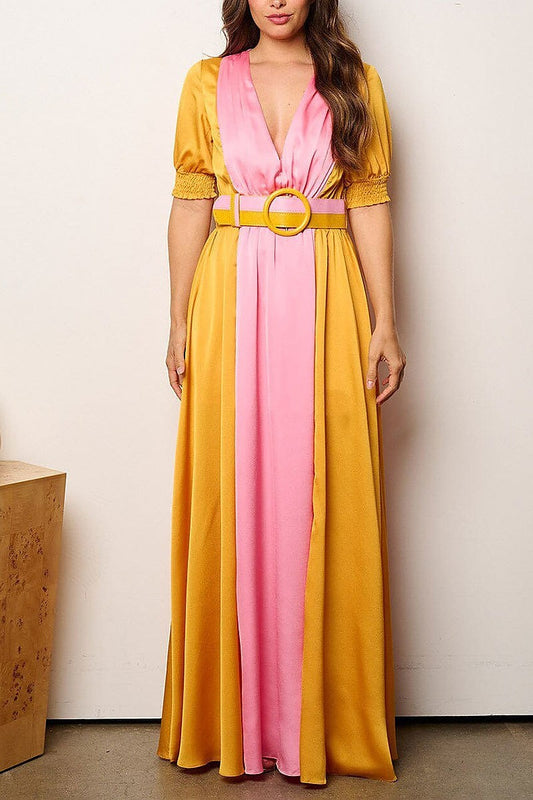 Puff sleeve v-neck colorblock belted maxi dress (EFWT8112)