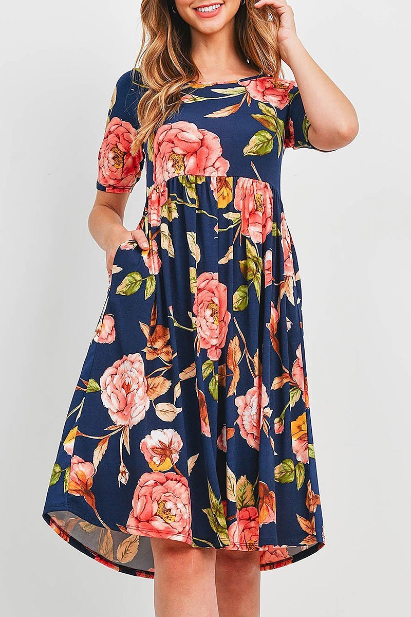 Empire waist floral print side pocket midi dress (DED6358)