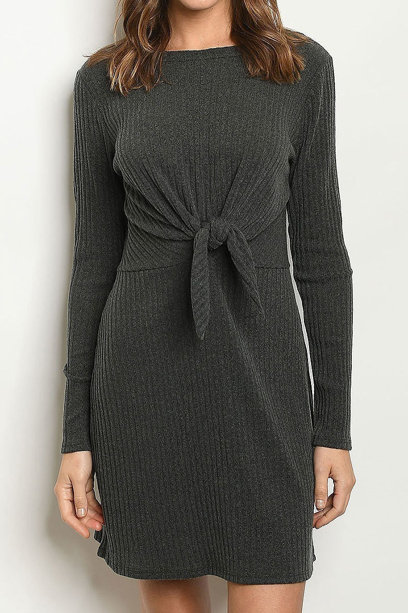 Solid long sleeve tie waist relax fit knit dress (DED5519-LAST)