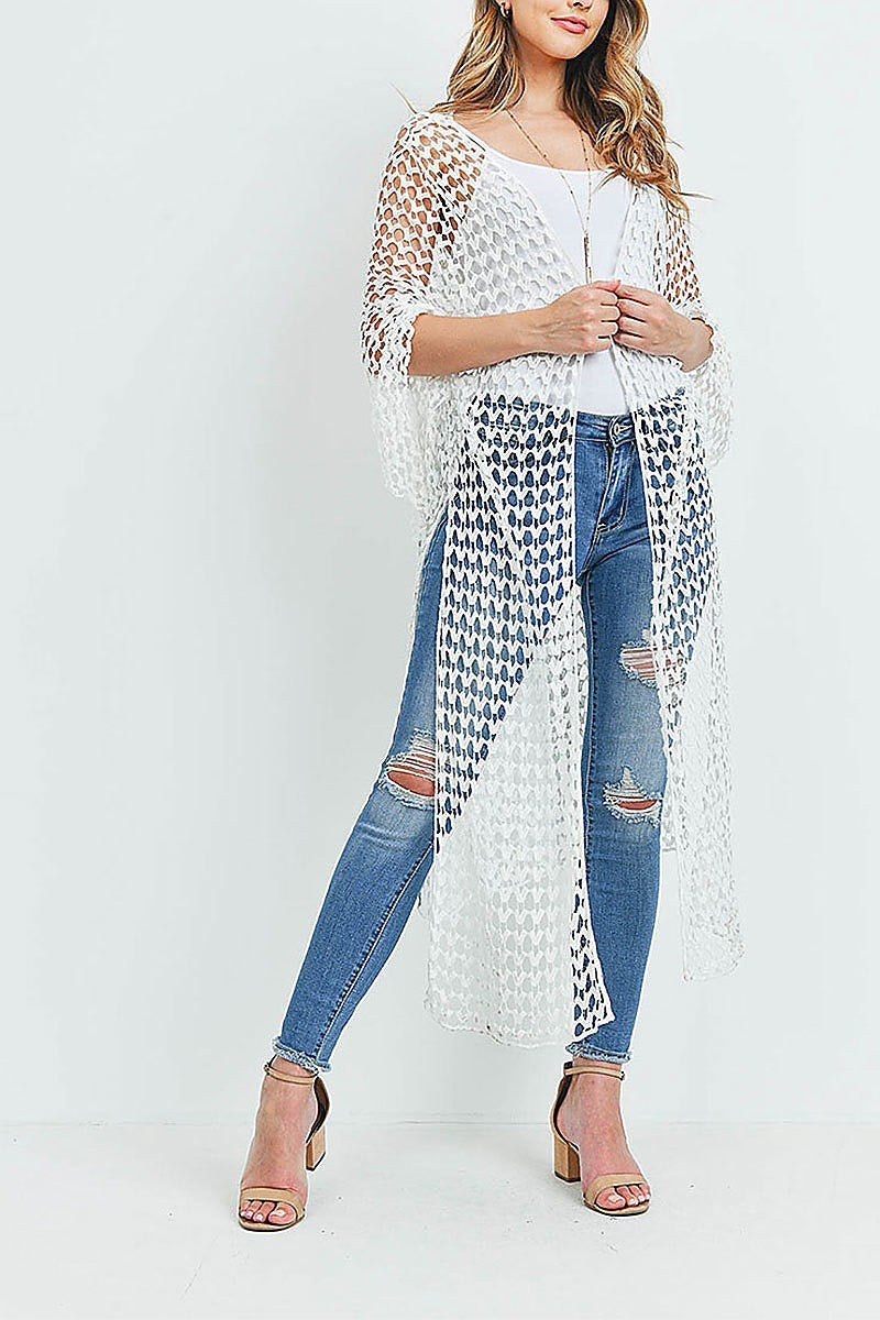 Long line open front crochet sheer kimono top (EF1139)